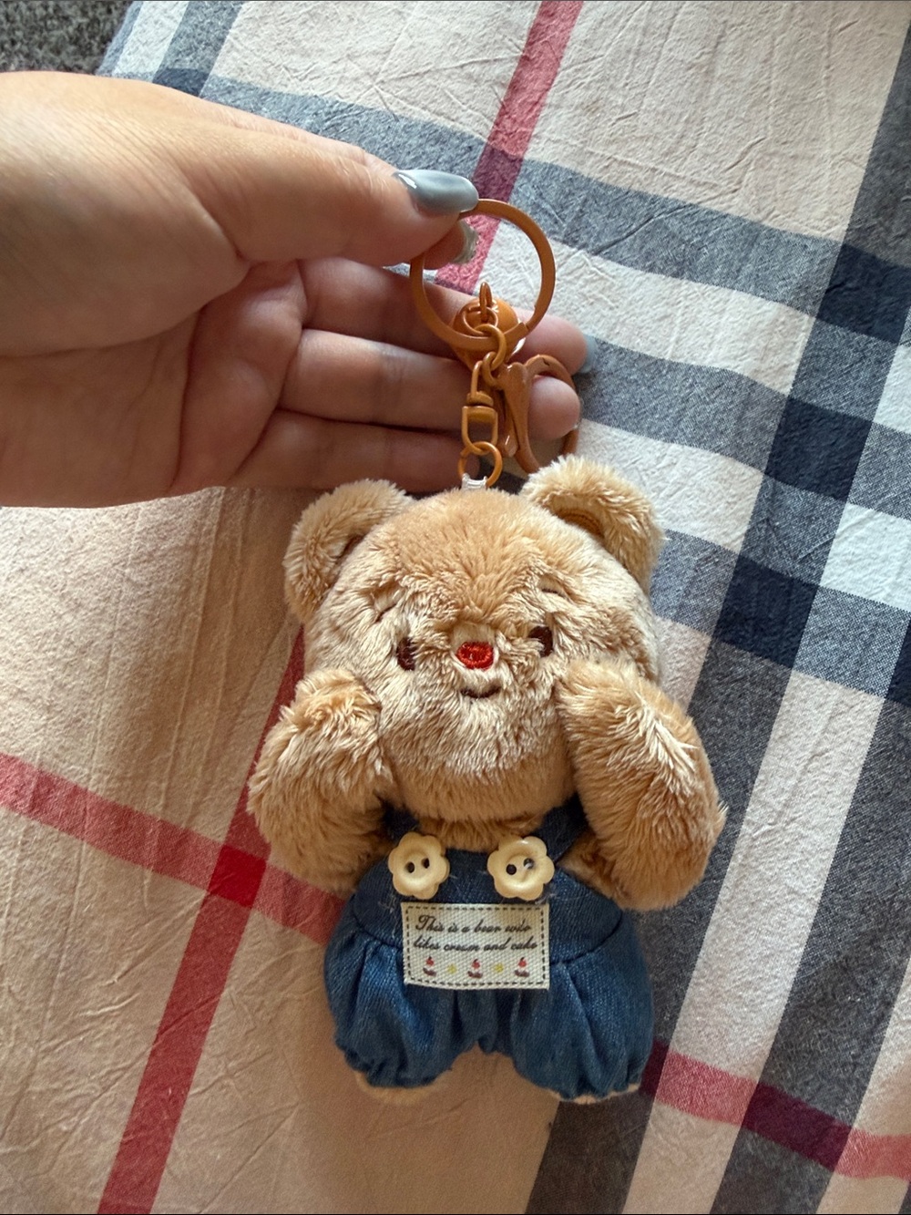 Plush Bear Keychain in Light Brown with Denim Outfit
